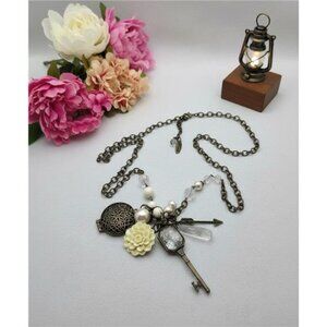 Plunder Statement Charm Necklace Key Locket Flower Faux Pearl Brass Tone